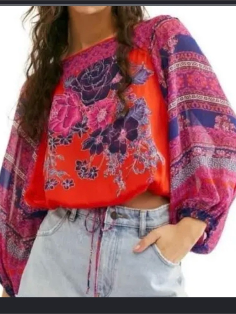 Free people Floral Print Balloon-Sleeve Women's Top in Red and Purple